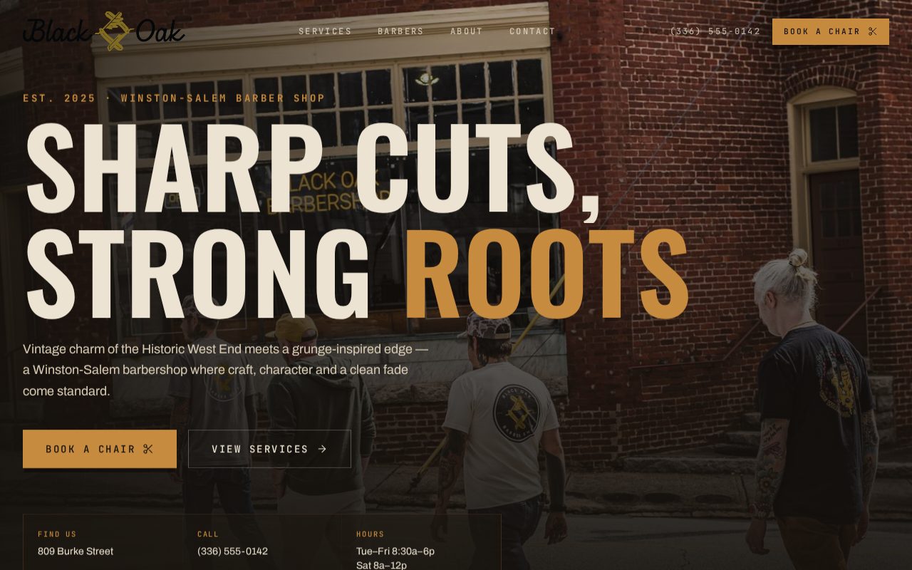 Black Oak Barbershop website homepage with a bold 'Sharp cuts, strong roots' hero (a demo website built by Sims Digital Partners)