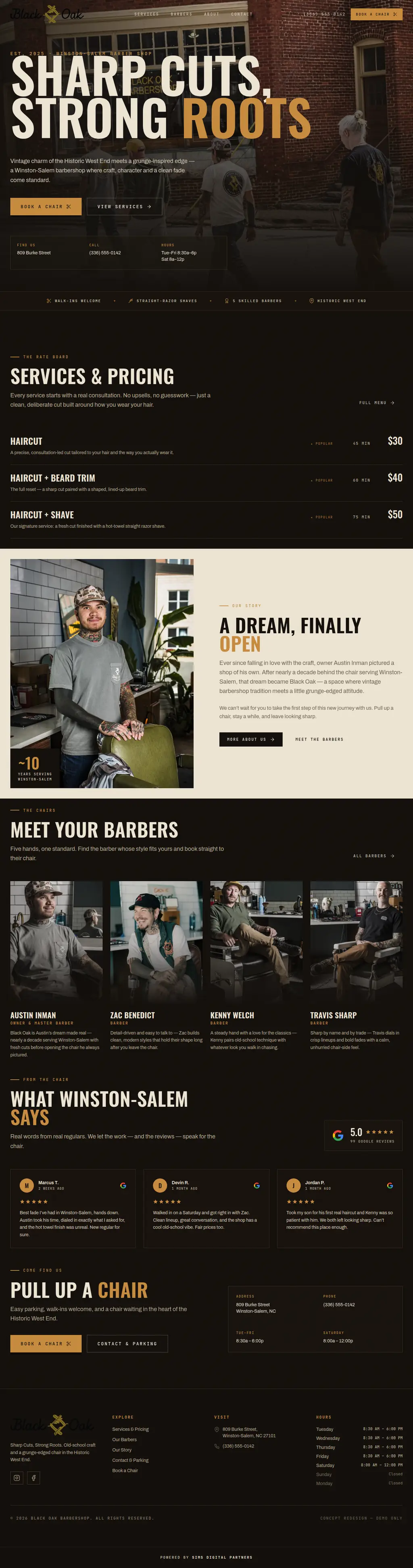 Black Oak Barbershop website homepage with a bold 'Sharp cuts, strong roots' hero