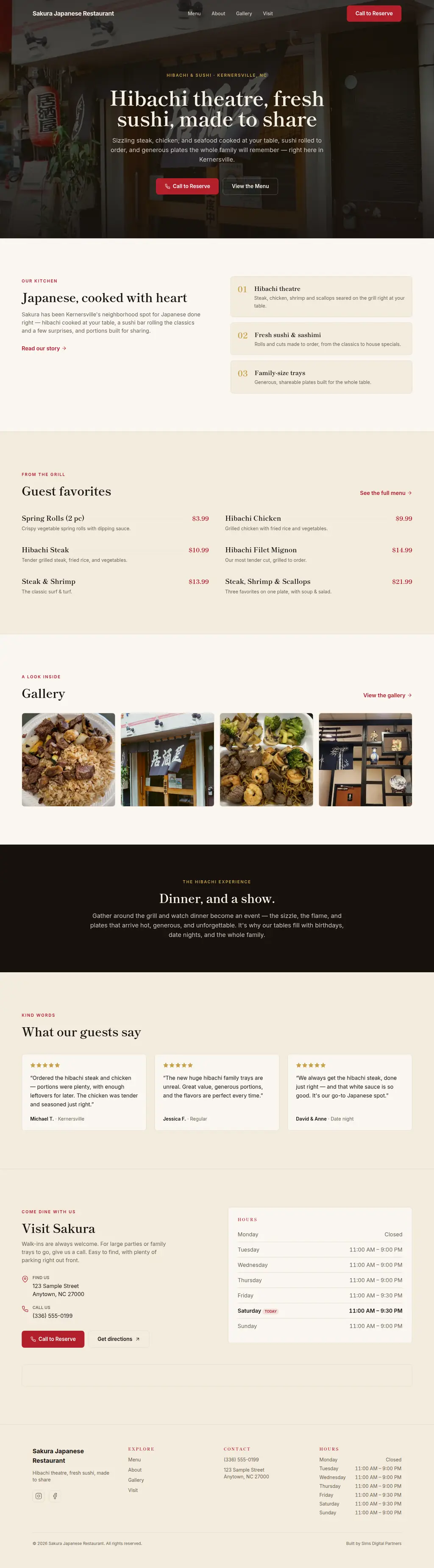 Sakura Japanese Restaurant website homepage with a hibachi hero and reserve buttons