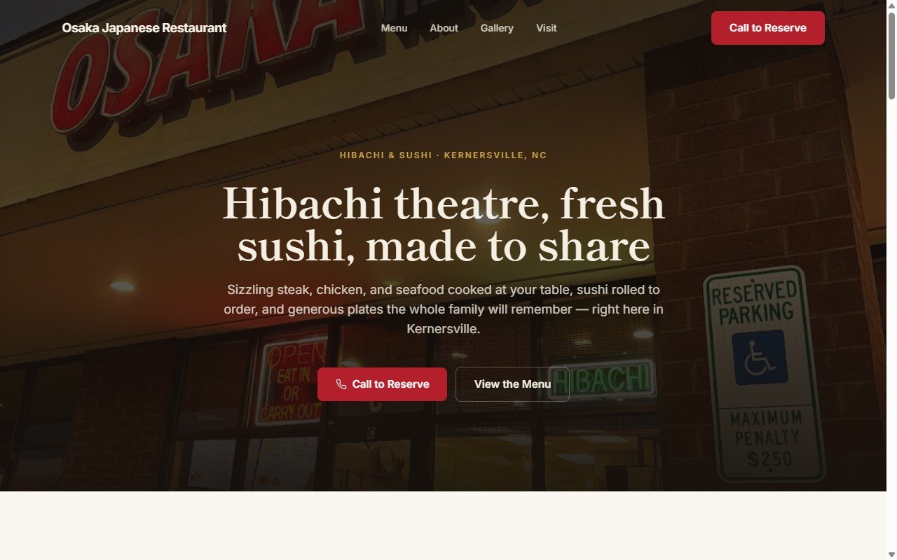Osaka Japanese Restaurant website homepage with a hibachi hero and reserve buttons