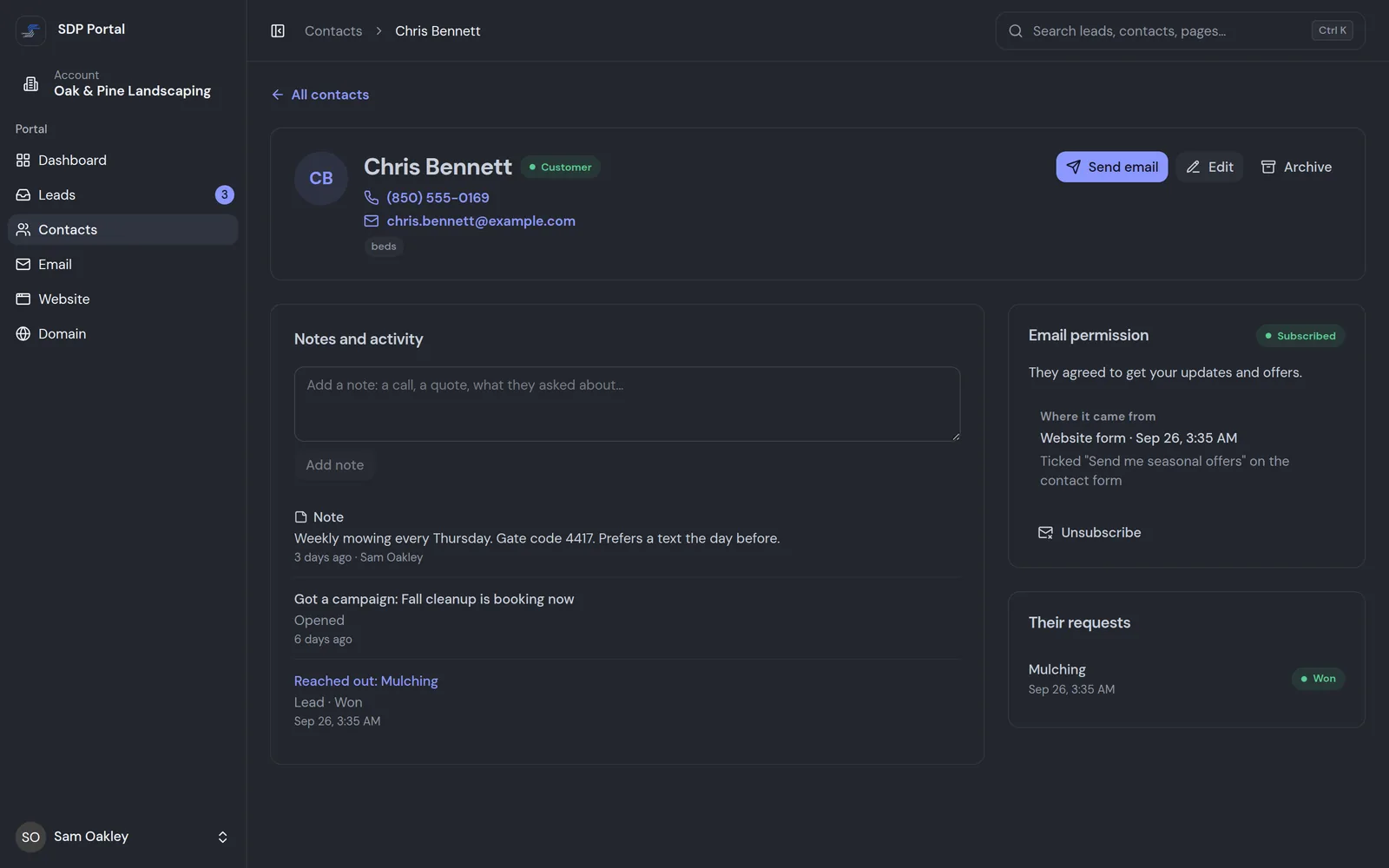 One contact in the portal: phone, email, a note about the job, the campaign they opened, their original request, and where their email permission came from
