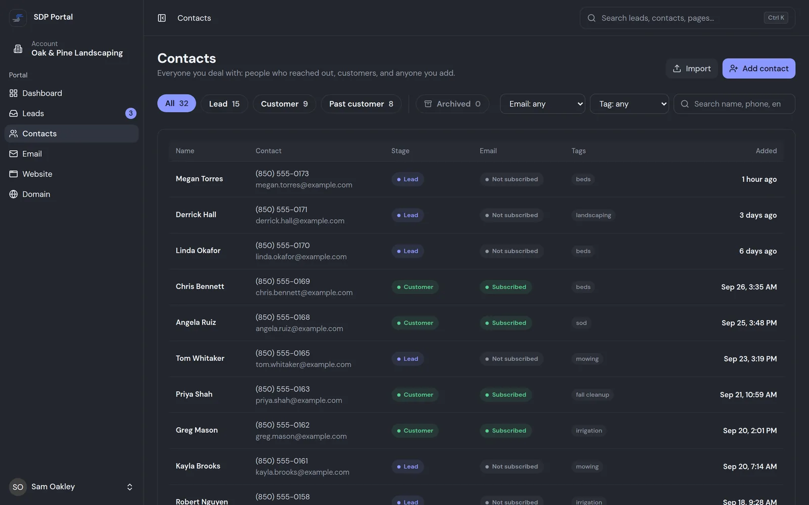 Portal contacts list with each person's phone and email, their stage (lead, customer or past customer), whether they're subscribed to email, and tags