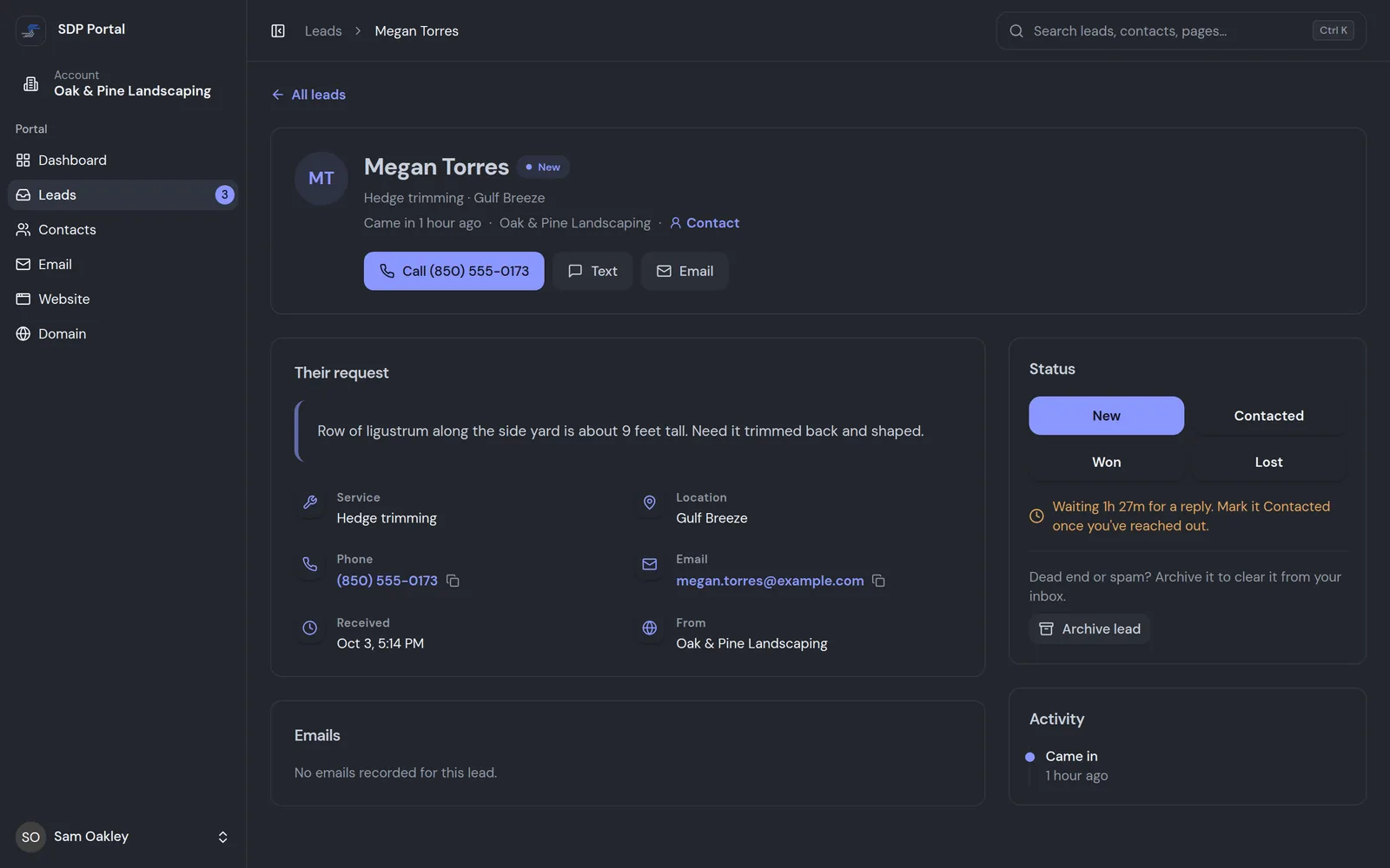 A single lead in the portal: the customer's request, service, town, phone and email, with buttons to call, text or email and to mark it Contacted, Won or Lost