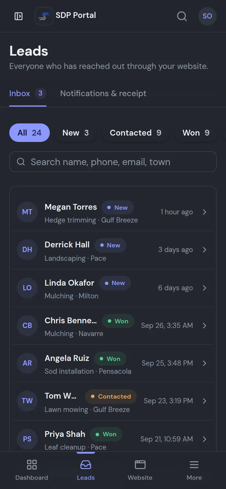 The portal's leads inbox on a phone: each lead as a card with name, service, town, time and status