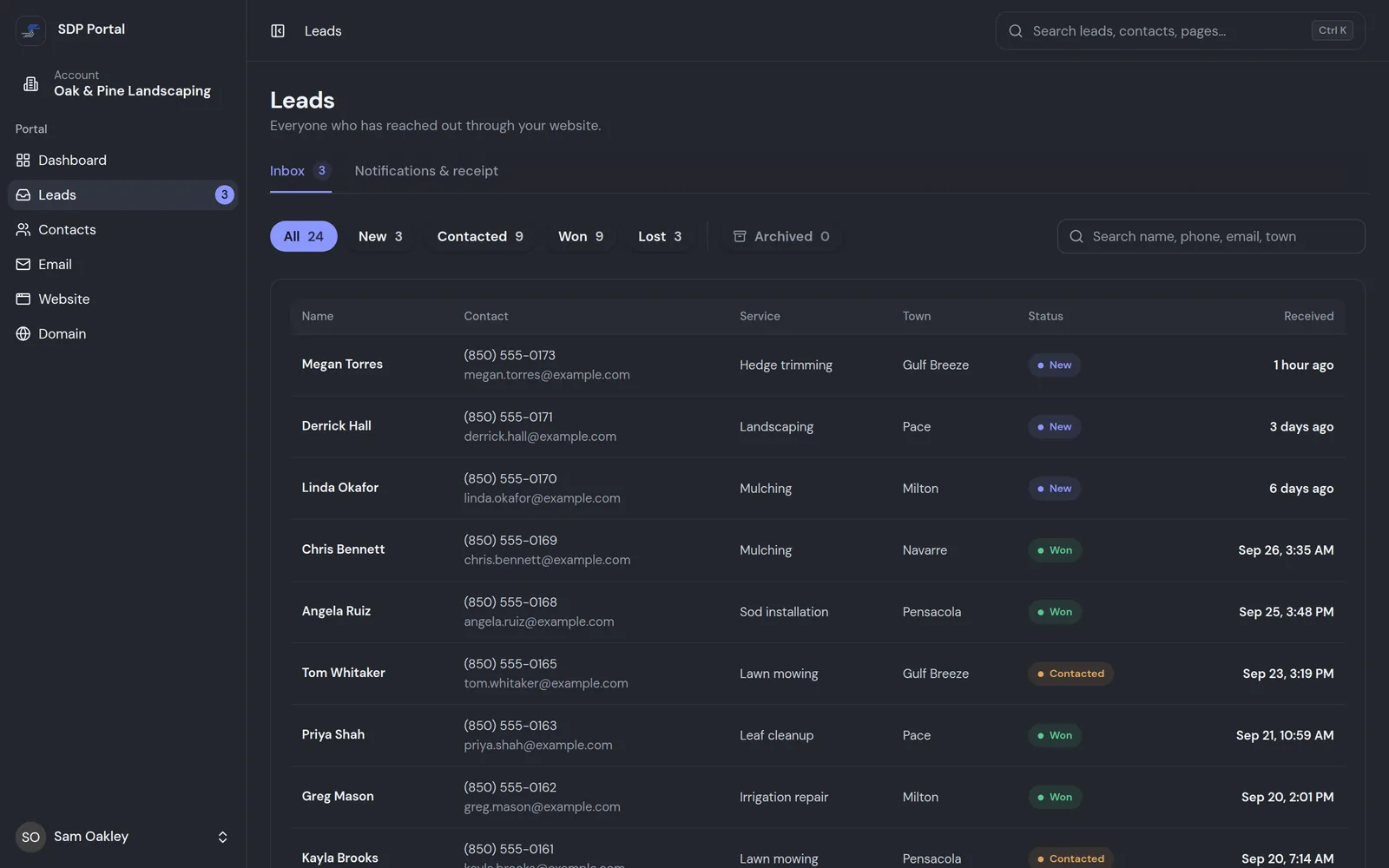 Portal leads inbox listing each customer with phone, email, service asked about, town and a New, Contacted, Won or Lost status