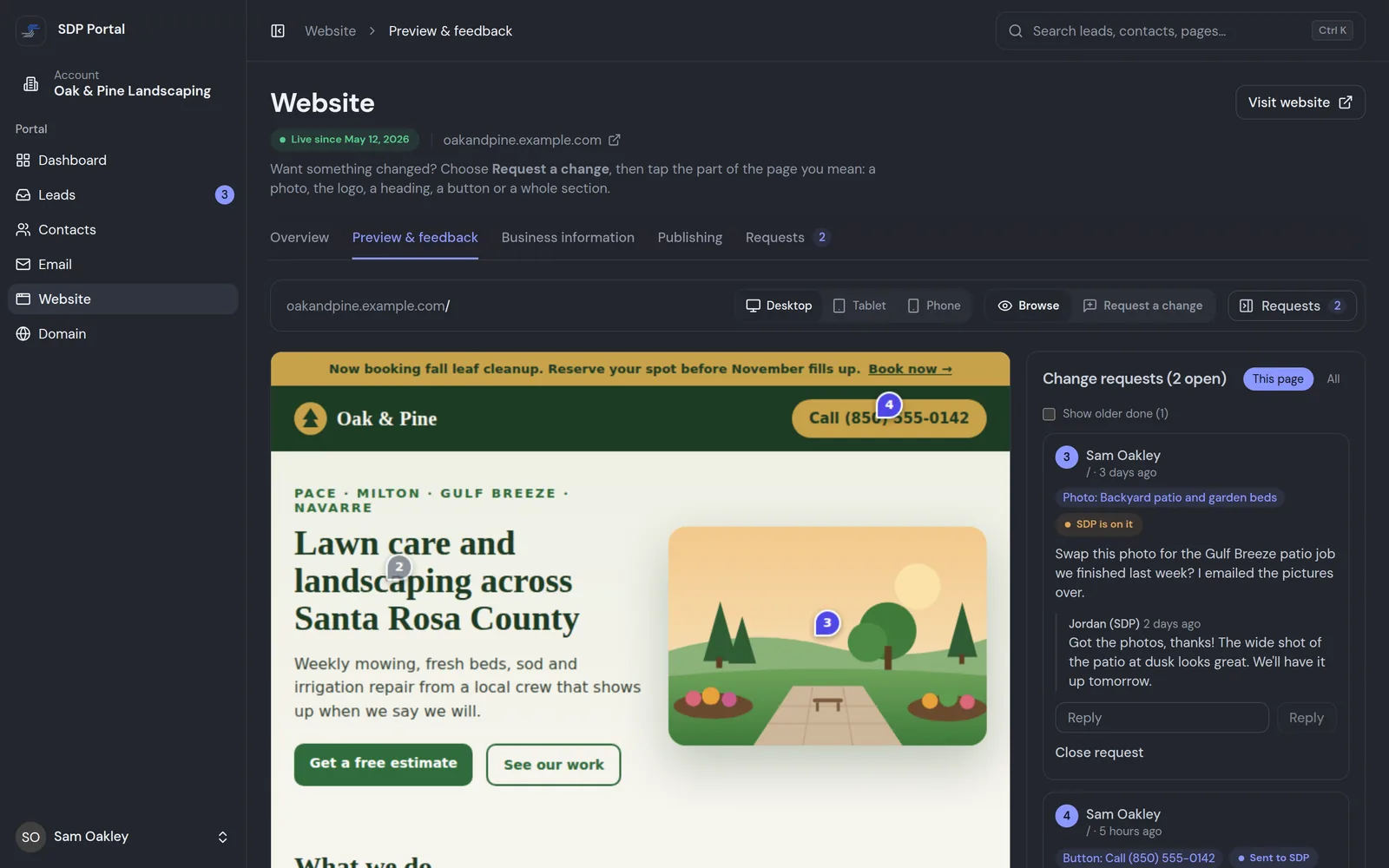 Portal preview and feedback: the live site shown inside the portal with numbered pins on a photo and a button, beside the change requests, their status and SDP's replies