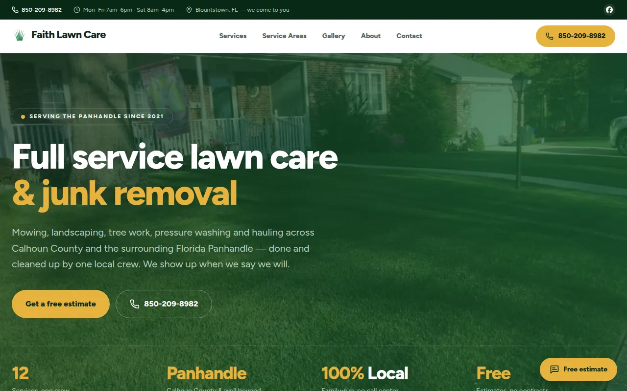 The Faith Lawn Care website, built and managed by Sims Digital Partners