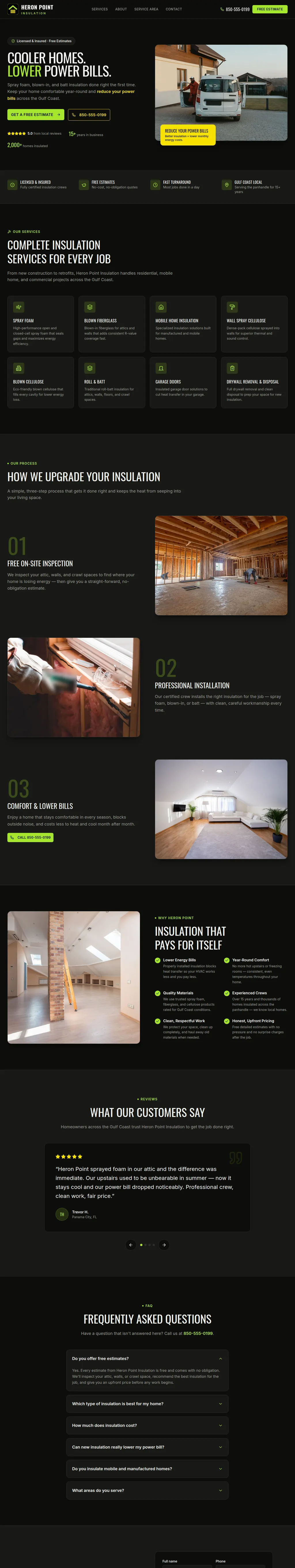Heron Point Insulation demo in a dark, bold style: 'Cooler homes. Lower power bills.'