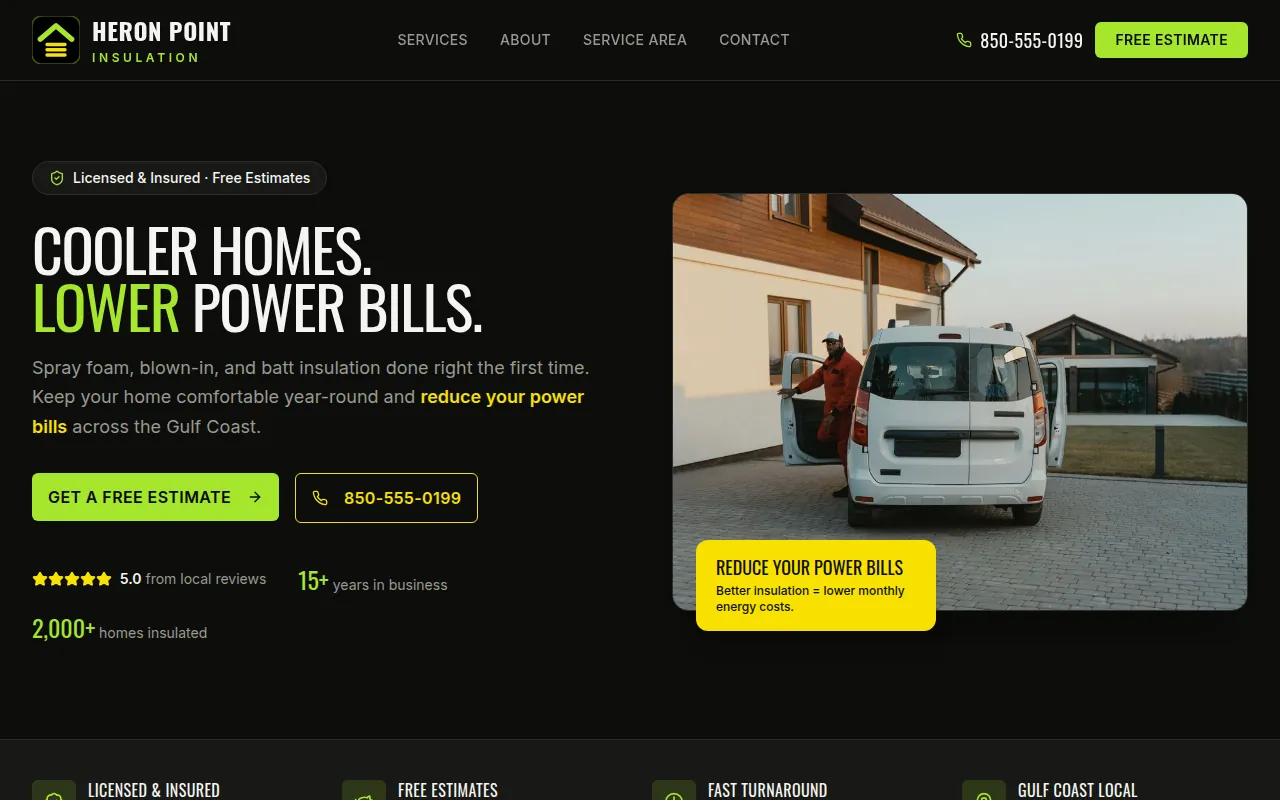 Heron Point Insulation demo in a dark, bold style: 'Cooler homes. Lower power bills.'