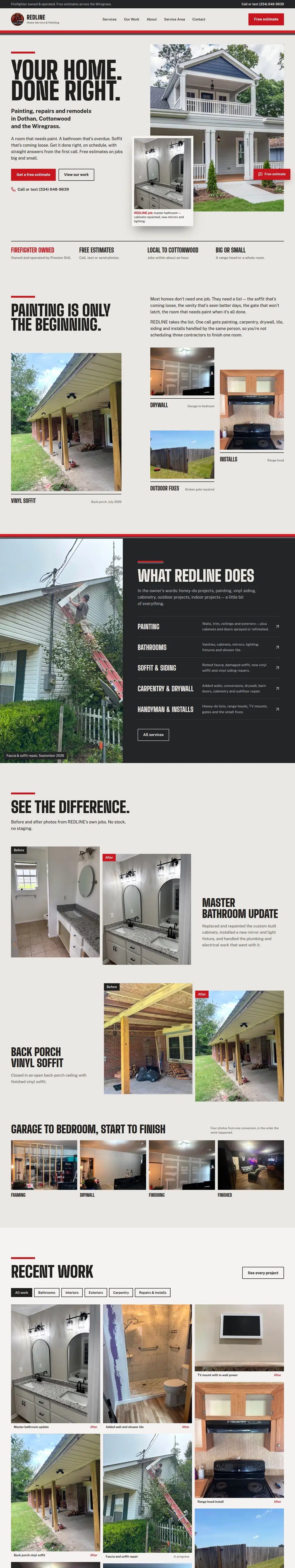 REDLINE Home Service & Painting homepage: 'Your home. Done right.' beside a freshly painted house