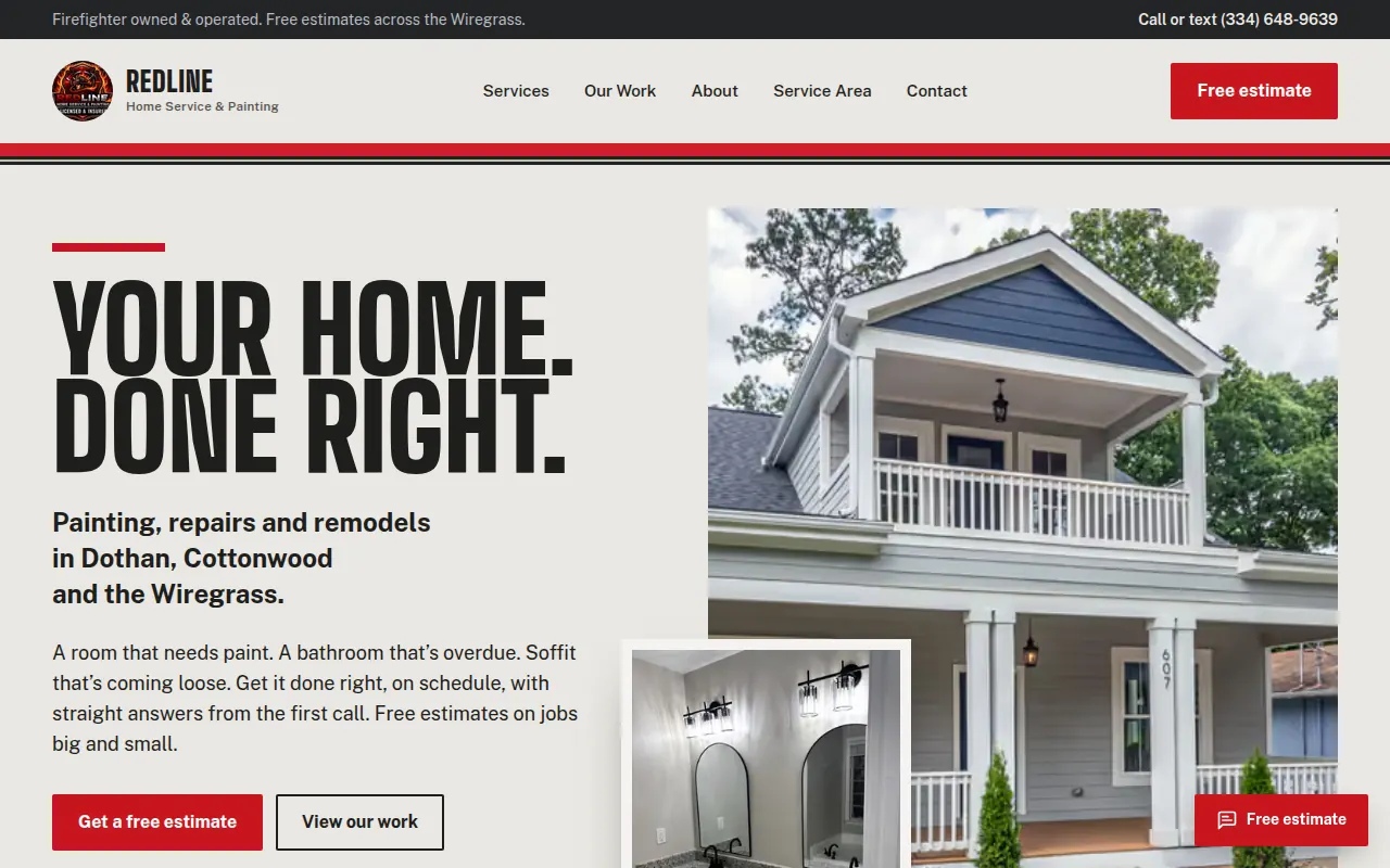 The REDLINE Home Service & Painting website, built and managed by Sims Digital Partners